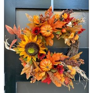 Fall Sunflower Harvest Wreath With Leaves And Pumpkins